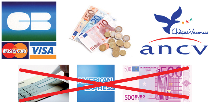 Bank card, VISA, MasterCard, cash, ANCV (French National Holiday Voucher Agency).